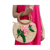 Round Water Hyacinth Bag With Rattan Handle